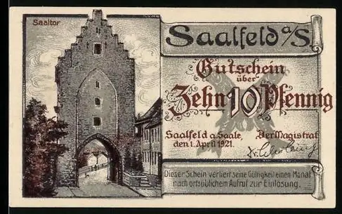 Notgeld Saalfeld /Saale 1921, 10 Pfennig, Saaltor und Brücke mit Landschaft