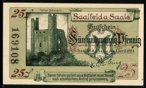 Notgeld Saalfeld a. Saale 1921, 25 Pfennig, Burgen Hoher Schwarm und Kitzerstein