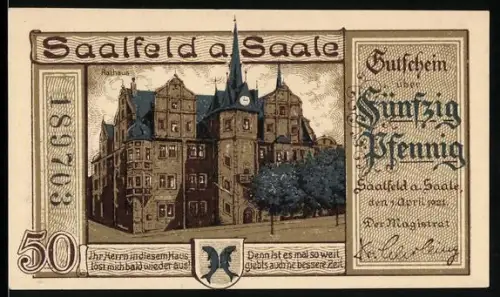 Notgeld Saalfeld a. Saale 1921, 50 Pfennig, Rathaus und satirische Darstellung der Steuerlast