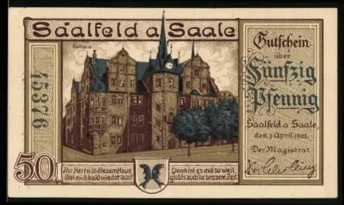Notgeld Saalfeld a. Saale 1921, 50 Pfennig, Rathaus und satirische Steuerillustration