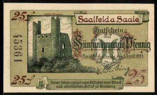 Notgeld Saalfeld a. Saale 1921, 25 Pfennig, Burgruine und Schlossansicht