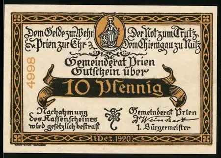 Notgeld Prien am Chiemsee 1920, 10 Pfennig, Landschaft mit Kirche und Bergen im Hintergrund