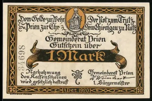 Notgeld Prien am Chiemsee 1920, 1 Mark, Frau mit Schwert und Wappen mit Adler