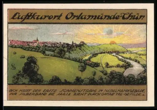 Notgeld Orlamünde /Thür. 1921, 50 Pfennig, Landschaftspanorama und Sonnenaufgang