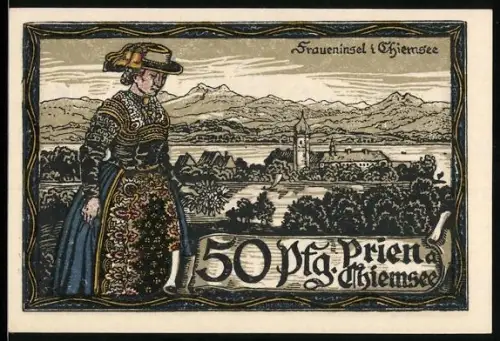 Notgeld Prien a. Chiemsee 1920, 50 Pfennig, Frau in Tracht vor Fraueninsel und Bergpanorama