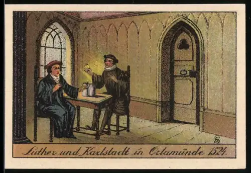 Notgeld Orlamünde /Thür. 1921, 50 Pfennig, Luther und Karlstadt in Diskussion, Wappen der Stadt Orlamünde