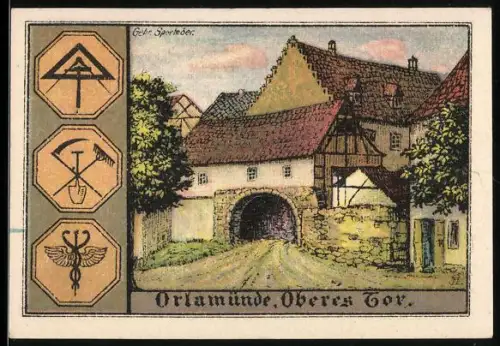 Notgeld Orlamünde /Thür. 1921, 50 Pfennig, Oberes Tor und Wappen, Symbole der Handwerkskunst