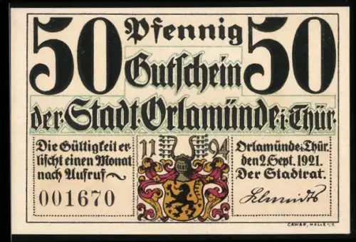 Notgeld Orlamünde i. Thür. 1921, 50 Pfennig, Schlacht bei Saalfeld, Weisse Frau erscheint Prinz Louis Ferdinand