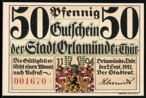 Notgeld Orlamünde i. Thür 1921, 50 Pfennig, Wappen und Landschaft mit Burg und Nebelgestalt