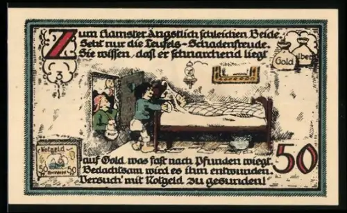 Notgeld Gatersleben 1921, 50, Illustration mit Krankenbett und Gaterslebener Kirche
