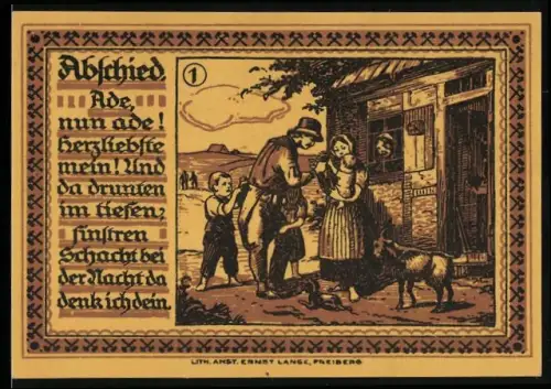 Notgeld Freiberg /Sa. 1921, 75 Pfennig, Abschiedsszene und Stadtwappen mit Bergmännern