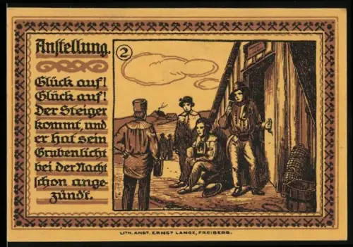 Notgeld Freiberg 1921, 75 Pfennig, Bergleute mit Stadtwappen und Grubenszene