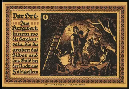 Notgeld Freiberg /Sa. 1921, 75 Pfennig, Bergleute im Stollen, Stadtwappen mit Bergmännern