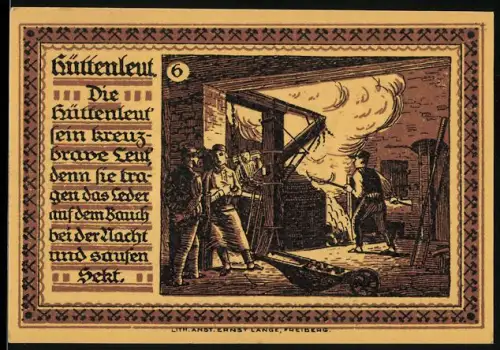 Notgeld Freiberg /Sa. 1921, 75 Pfennig, Hüttenleute bei der Arbeit, Stadtwappen und zwei Figuren