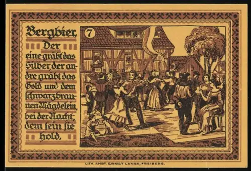 Notgeld Freiberg /Sa. 1921, 75 Pfennig, Tanzszene und Stadtwappen mit Bergleuten
