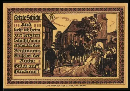 Notgeld Freiberg /Sa. 1921, 75 Pfennig, Bergmänner mit Stadtwappen und historischem Stadttor