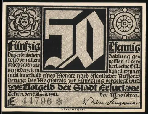 Notgeld Erfurt 1921, 50 Pfennig, gotische Schrift und zwei Personen