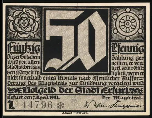 Notgeld Erfurt 1921, 50 Pfennig, gotische Schrift und Figuren mit Dom im Hintergrund