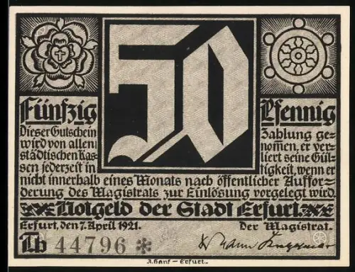 Notgeld Erfurt 1921, 50 Pfennig, gotische Schrift und Martin Luther