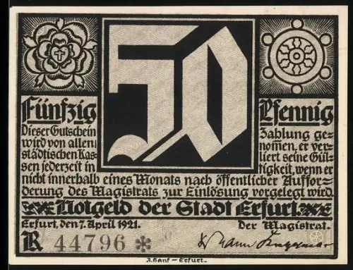 Notgeld Erfurt 1921, 50 Pfennig, Martin Luther und dekorative Muster