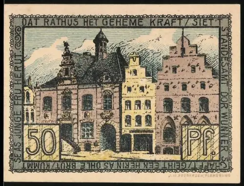 Notgeld Husum, 50 Pfennig, Rathaus-Illustration mit Stadthaus und Wappen