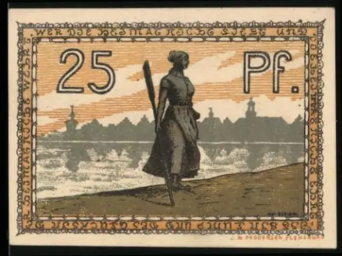 Notgeld Husum, 25 Pfennig, Frau mit Ruder am Meer