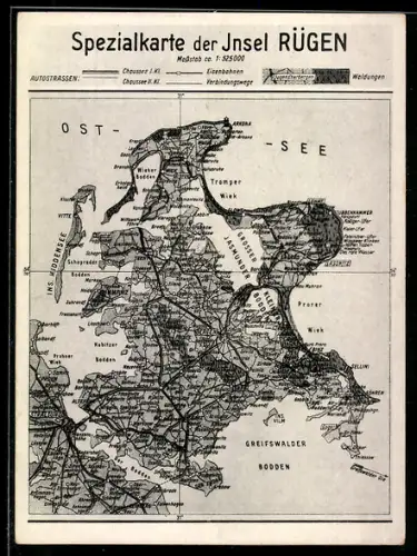 AK Rügen, Spezialkarte der Insel mit Greifswalder Bodden und Grosser Jasmunder Bodden