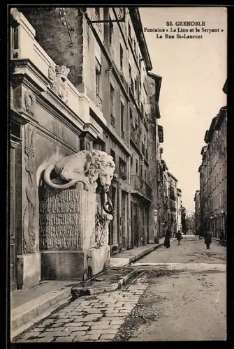 AK Grenoble, Fontaine « Le Lion et le Serpent » La Rue St-Laurent