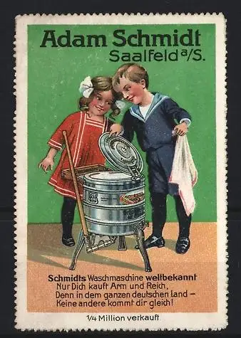 Reklamemarke Saalfeld / Saale, Waschmaschine Adam Schmidt, Kinder benutzen Waschmaschine mit Handantrieb