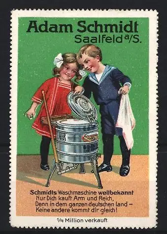 Reklamemarke Saalfeld / Saale, Waschmaschine Adam Schmidt, Kinder benutzen Waschmaschine mit Handantrieb
