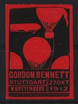 Reklamemarke Stuttgart, Gordon-Bennett Luftfahrtschau 1912, Zeppelin Luftschiff & Gasballon, rot-schwarz