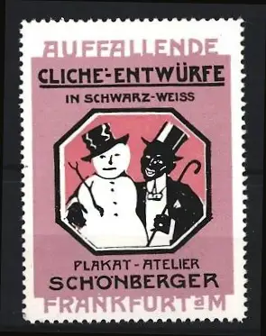 Reklamemarke Frankfurt / Main, Plakat-Atelier Schönberger Cliche Entwürfe in Schwarz-Weiss, Schneemann & Afrikaner
