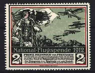 Reklamemarke Prinz Heinrich von Preussen National-Flugspende 1912, Prinz in Rüstung beobachtet Flugzeug