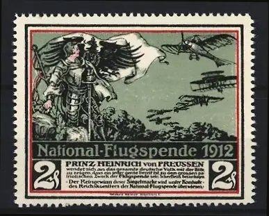 Reklamemarke Prinz Heinrich von Preussen National-Flugspende 1912, Prinz in Rüstung beobachtet Flugzeug