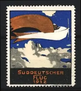 Künstler-Reklamemarke Walter Ditz, Süddeutscher Flug 1912, Flugzeug in den Wolken