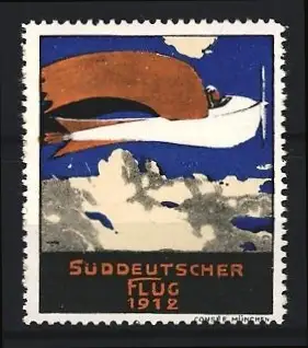 Künstler-Reklamemarke Walter Ditz, Süddeutscher Flug 1912, Flugzeug am Himmel