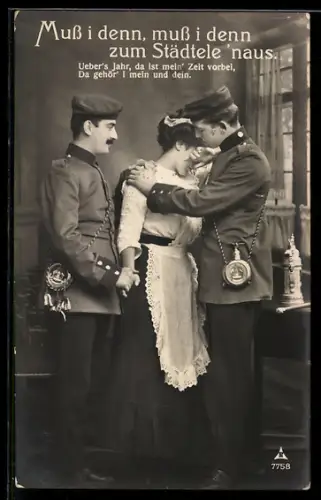 Foto-AK Photochemie Berlin Nr. 7758: Mädchen und zwei Soldaten, Abschiedsszene, Muss i denn...