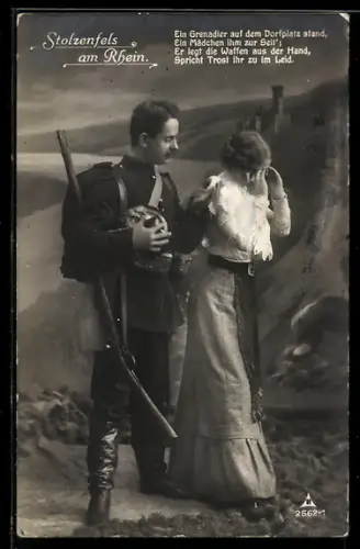 Foto-AK Photochemie Berlin Nr. 2562-1: Stolzenfels am Rhein, Grenadier tröstet eine weinende Frau