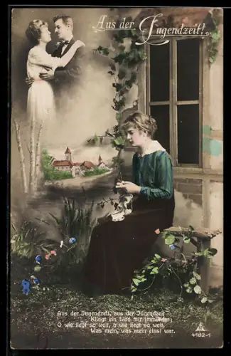 Foto-AK Photochemie Berlin NR: 4182-1, Aus der Jugendzeit!, Mädchen denkt an die schöne Zeit mit ihrem Liebsten