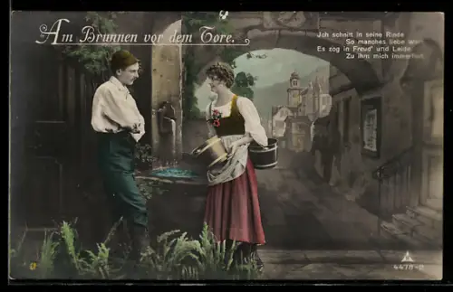 Foto-AK Photochemie Berlin Nr. 4478-2: Ich schnitt in seine Rinde..., Liebespaar, An Brunnen vor dem Tore