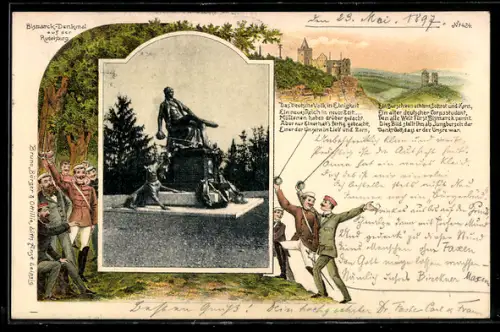 Lithographie Saaleck, Bismarck-Denkmal auf der Rudelsburg, junge Männer mit Degen, Das deutsche Volk in Einigkeik