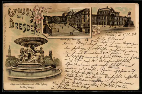 Lithographie Dresden, Königliches Hoftheater, Brühlsche Terrasse, Monumentalbrunnen auf dem Albertplatz Stilles Wasser