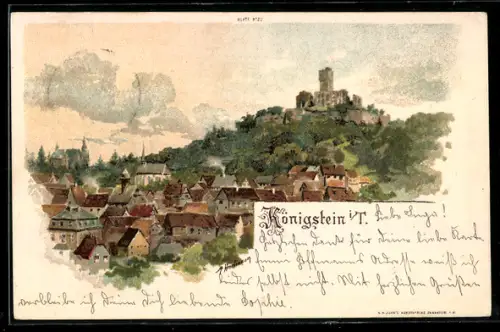 Lithographie Königstein i. T., Burg, Stadtansicht