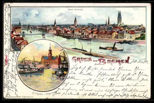 Lithographie Bremen, Freihafen-Hafenhaus, Totalansicht, Dampfer