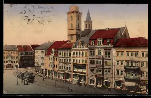 AK Zittau i. Sa., Marktplatz mit Geschäften und Strassenbahn