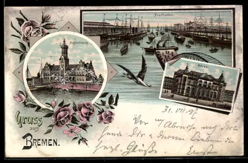 Lithographie Bremen, Börse, Hafenhaus, Freihafen