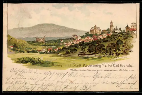 Lithographie Kronberg a. T., Gesamtansicht mit Ruine und Berg