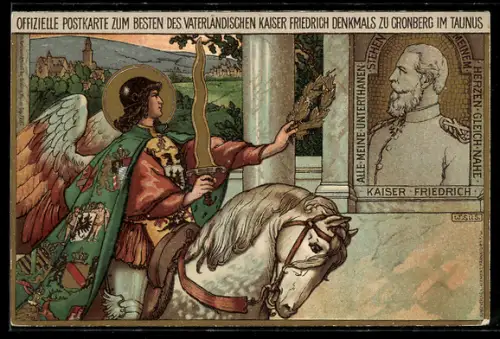 Lithographie Cronberg i. Taunus, Erzengel Michael ehrt das Denkmal des Kaisers Friedrich