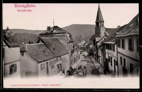 AK Königstein, Kirchstrasse mit Photographiegeschäft F. Kehrer und Kirche