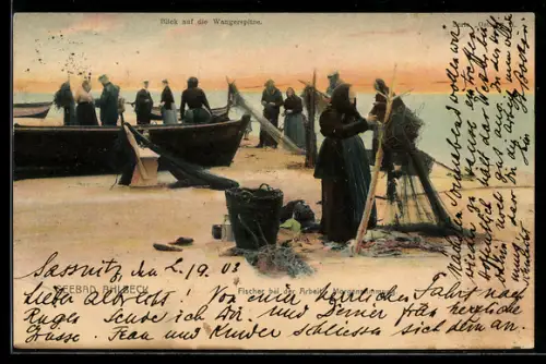 AK Ahlbeck, Blick auf die Wangerspitze, Fischer bei der Arbeit am Morgen